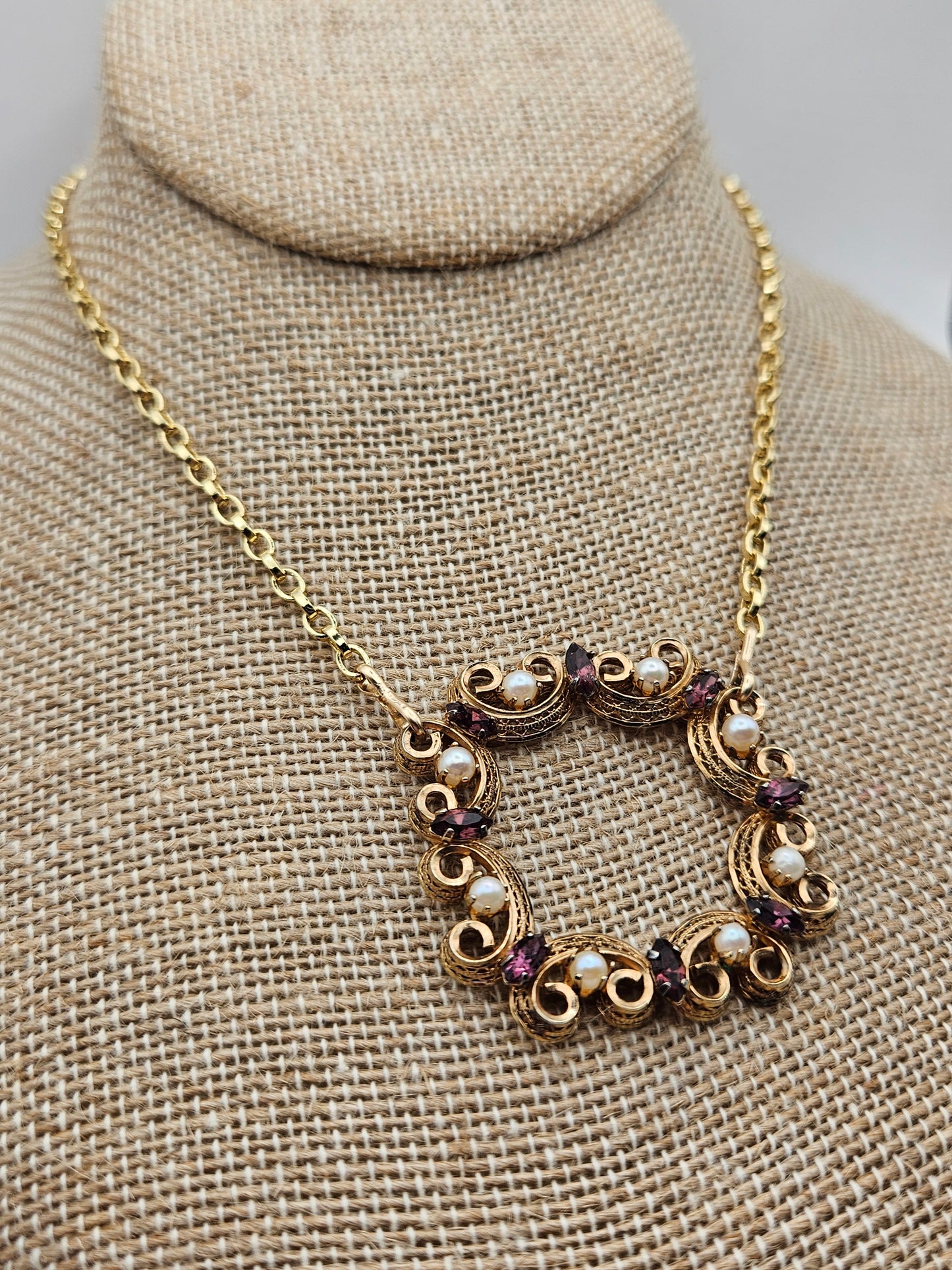 Vintage 1950's 12k Gold Filled Amethyst & Cultured Pearl Focal Chain Necklace