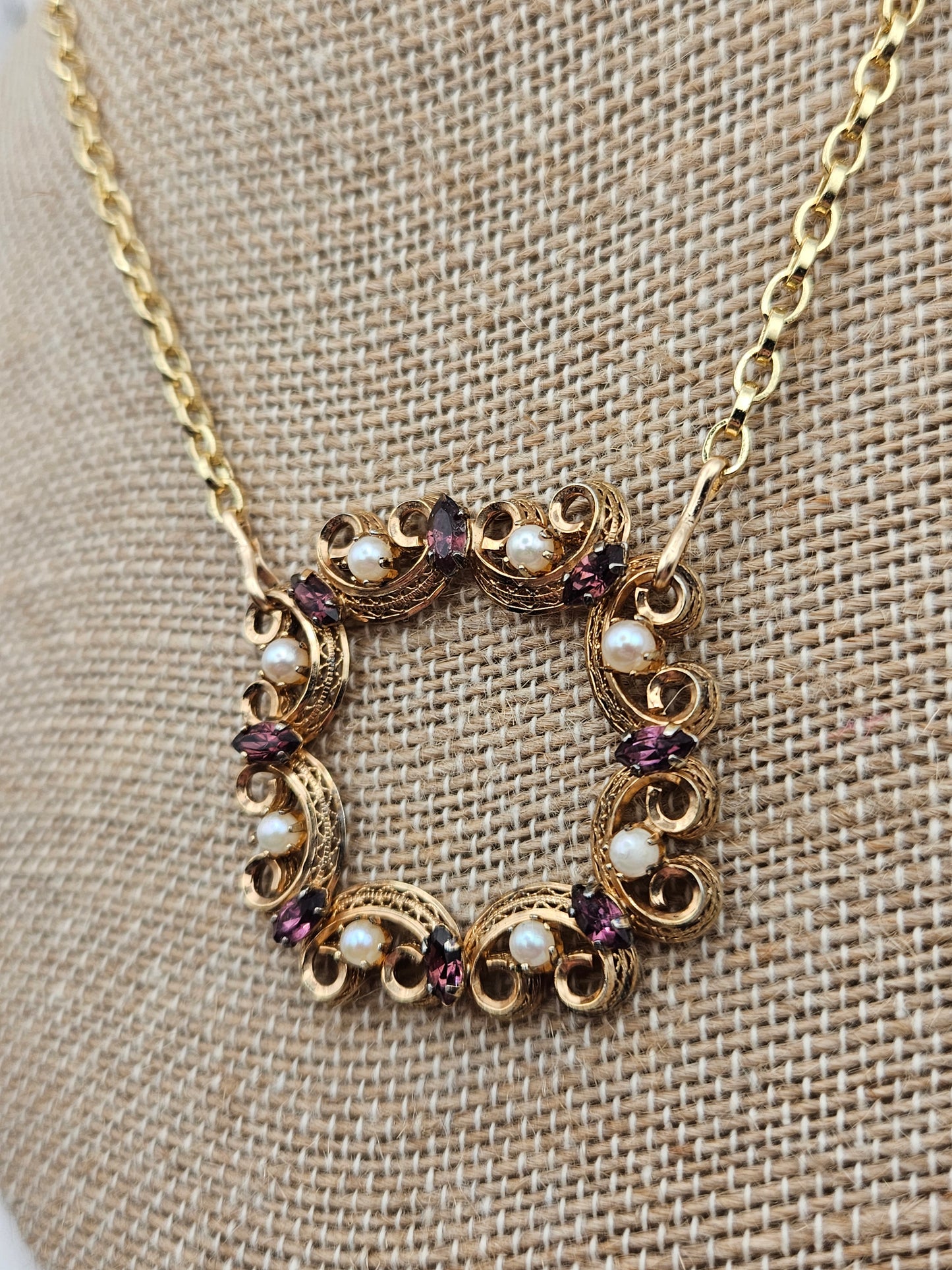 Vintage 1950's 12k Gold Filled Amethyst & Cultured Pearl Focal Chain Necklace