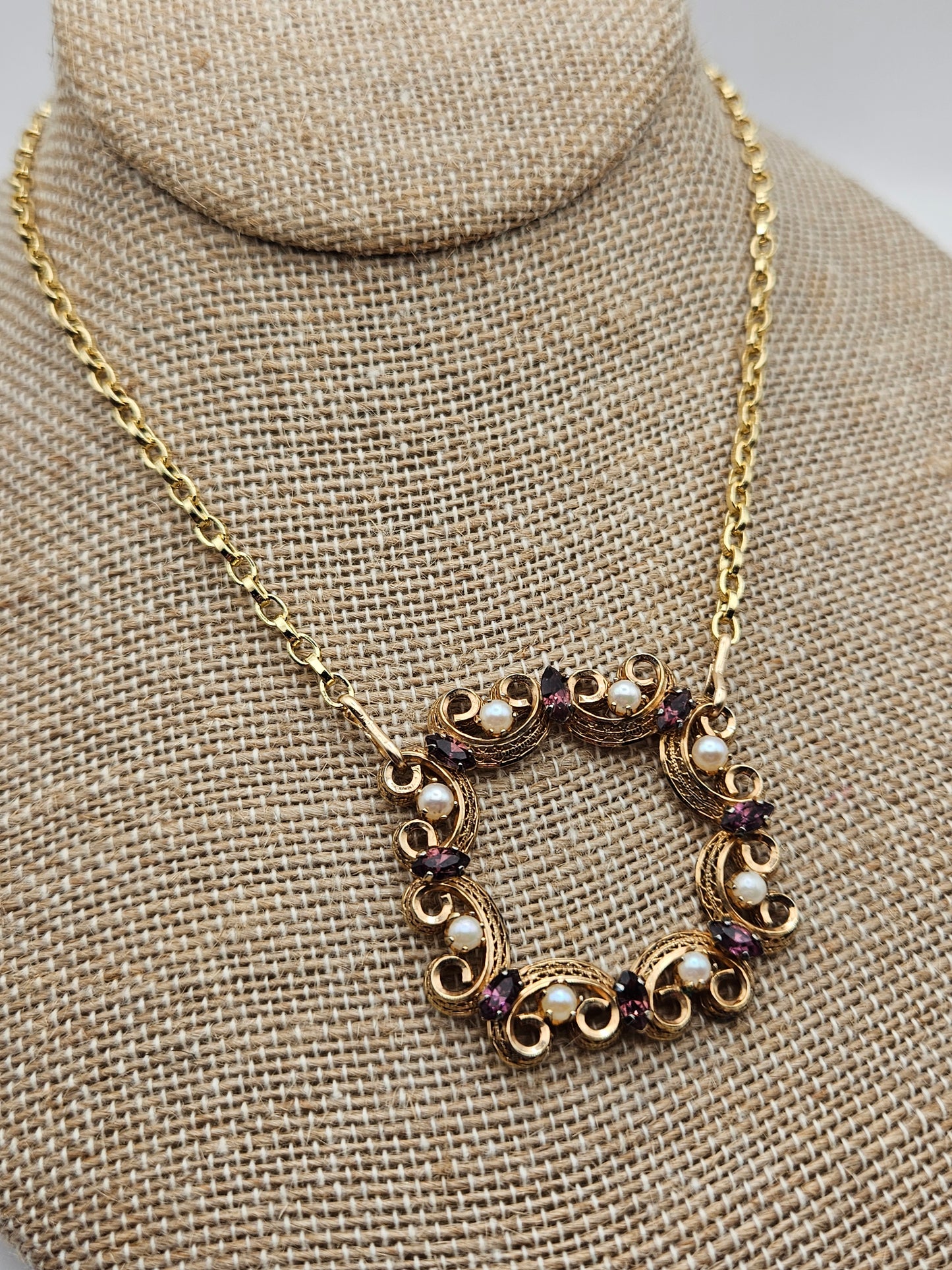Vintage 1950's 12k Gold Filled Amethyst & Cultured Pearl Focal Chain Necklace