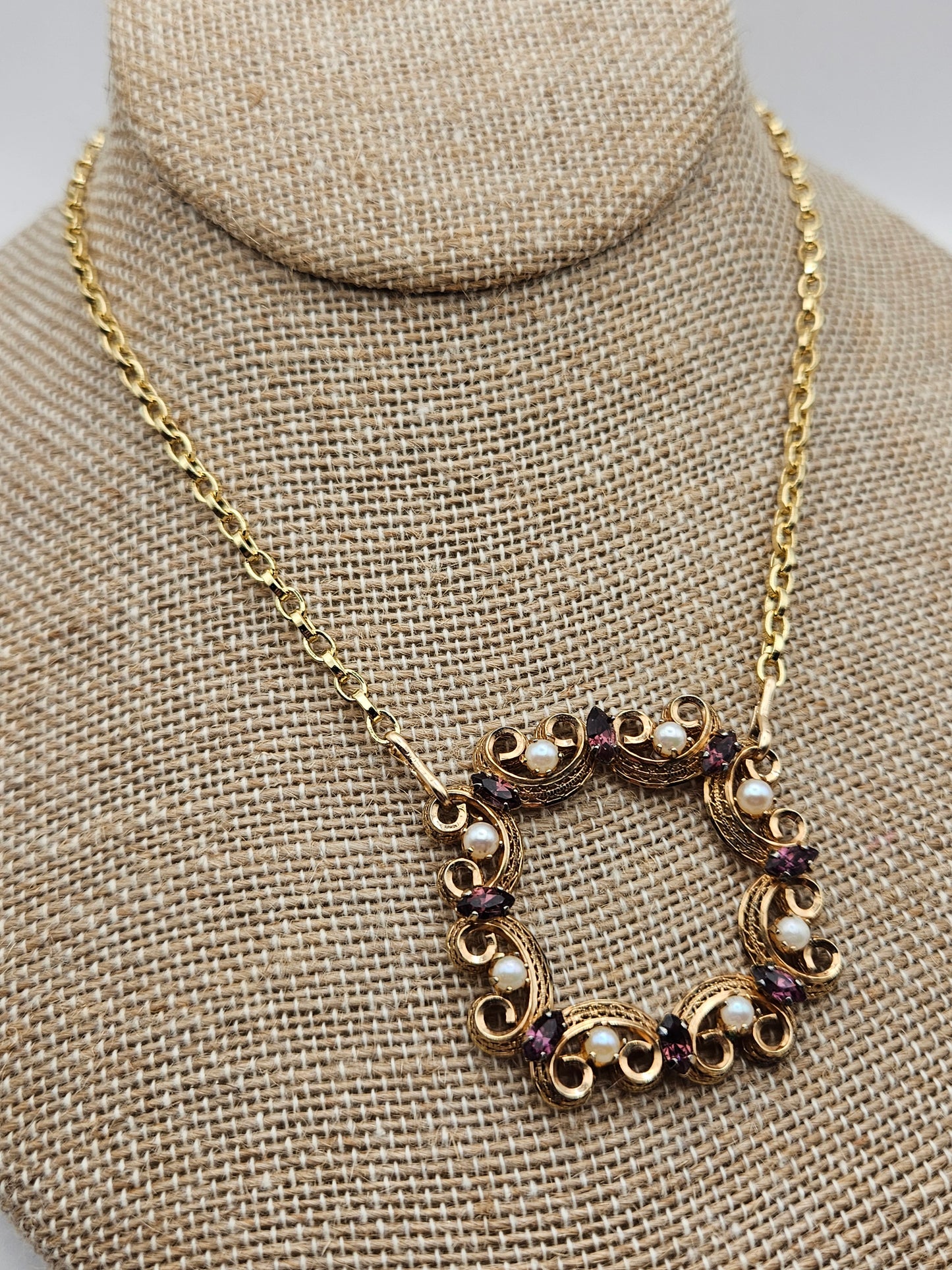 Vintage 1950's 12k Gold Filled Amethyst & Cultured Pearl Focal Chain Necklace