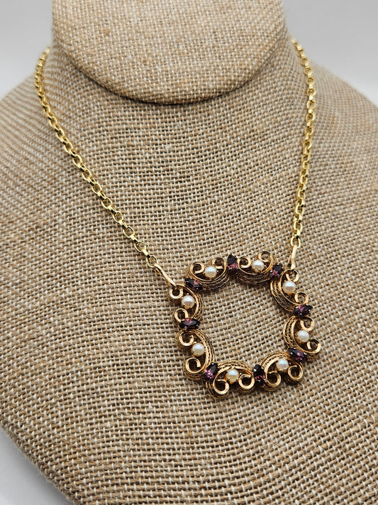 Vintage 1950's 12k Gold Filled Amethyst & Cultured Pearl Focal Chain Necklace