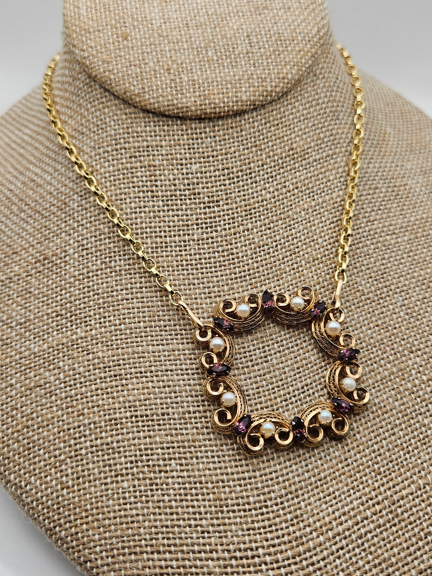 Vintage 1950's 12k Gold Filled Amethyst & Cultured Pearl Focal Chain Necklace