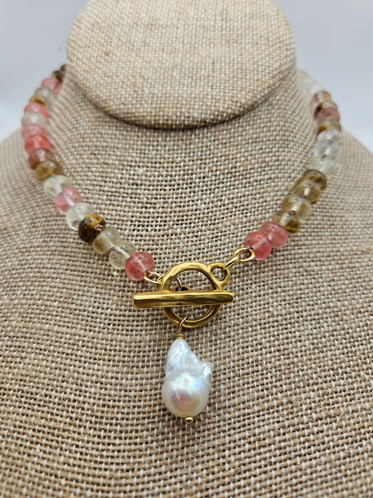 Rutilated Golden/Strawberry Quartz & Freshwater Baroque Pearl Antiqued 12kGF Toggle Clasp Necklace