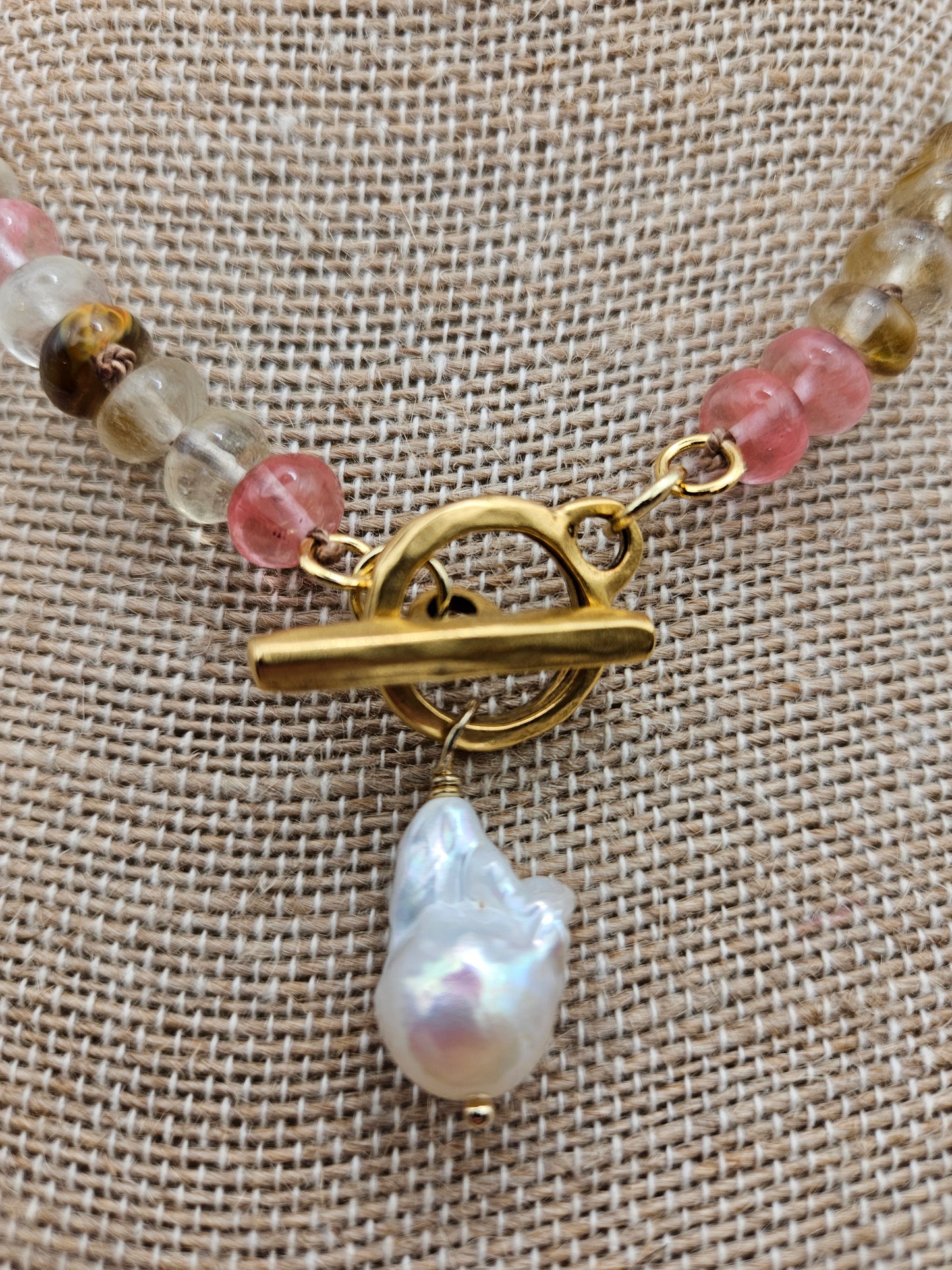 Rutilated Golden/Strawberry Quartz & Freshwater Baroque Pearl Antiqued 12kGF Toggle Clasp Necklace