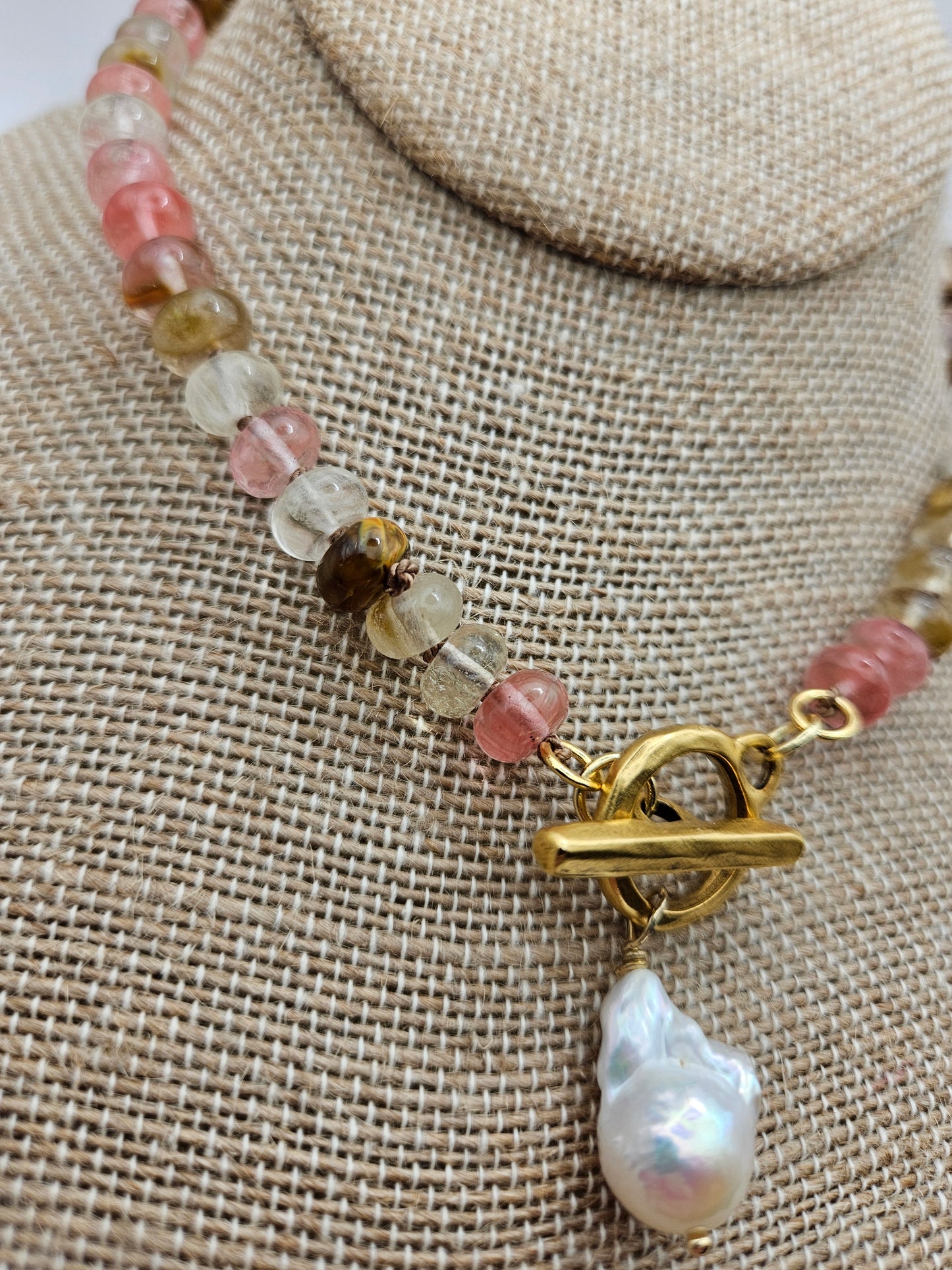 Rutilated Golden/Strawberry Quartz & Freshwater Baroque Pearl Antiqued 12kGF Toggle Clasp Necklace