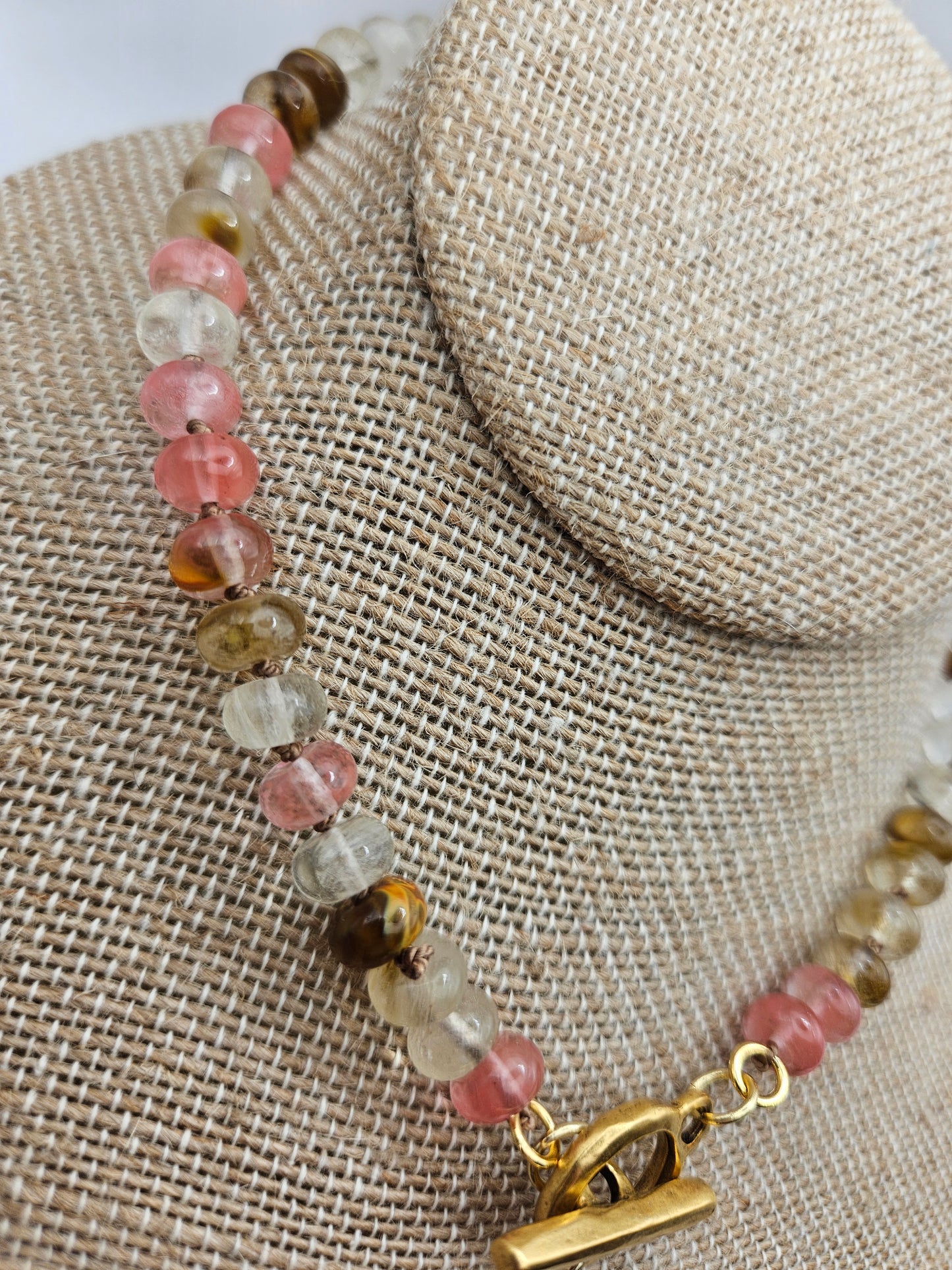 Rutilated Golden/Strawberry Quartz & Freshwater Baroque Pearl Antiqued 12kGF Toggle Clasp Necklace