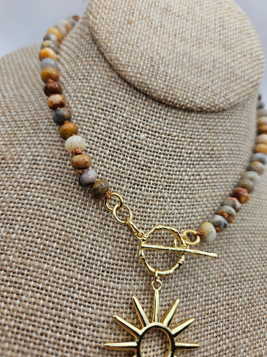 14k GF Crazy Lace Agate Charm Clasp Necklace