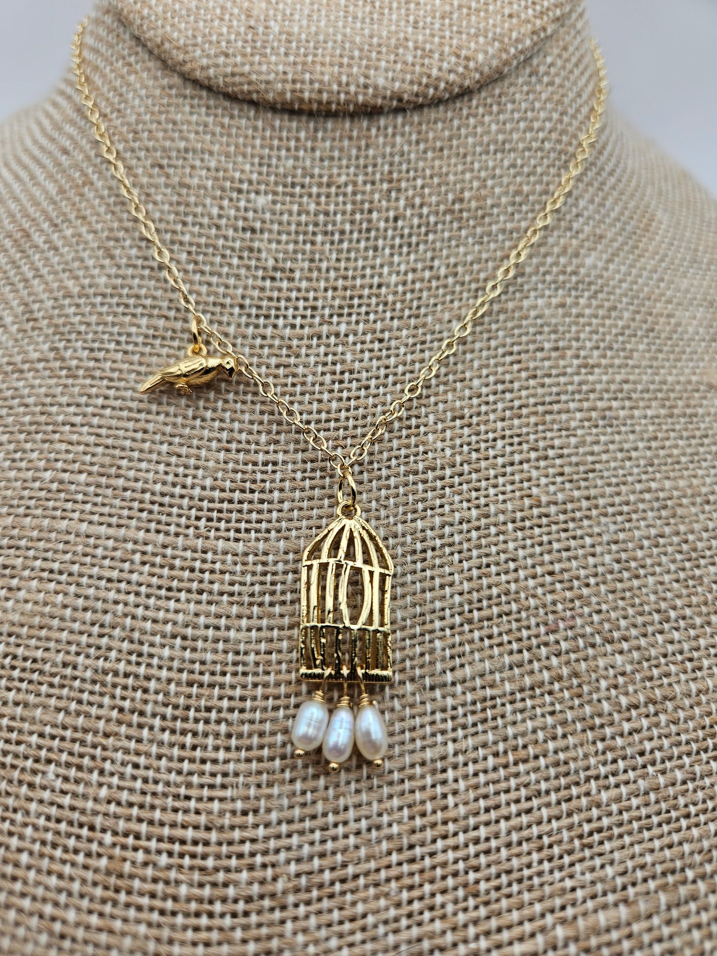 "Fly Free" Vintage Bird & Cage Freshwater Pearl 14k Gold Filled Cable Chain Necklace