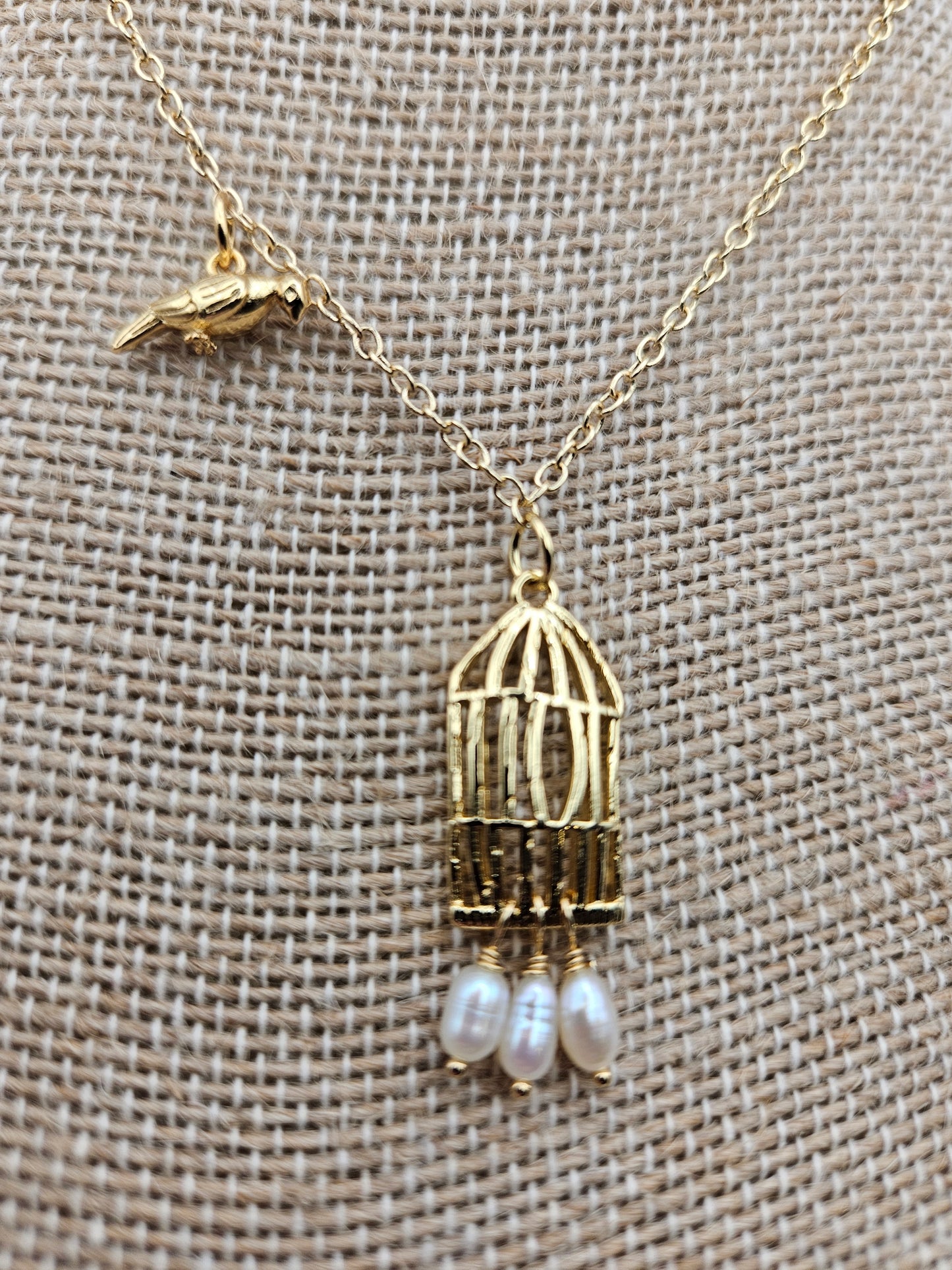 "Fly Free" Vintage Bird & Cage Freshwater Pearl 14k Gold Filled Cable Chain Necklace