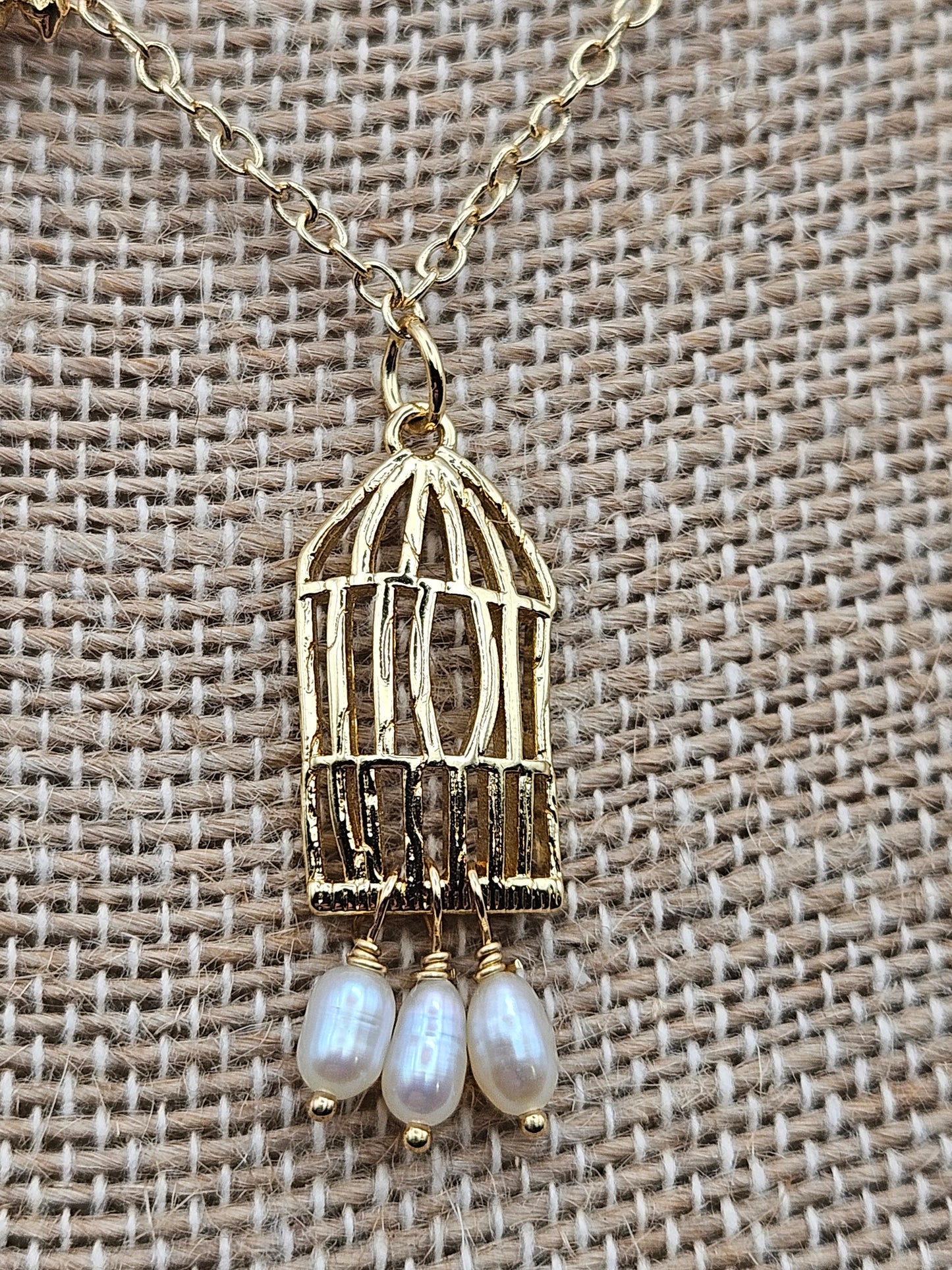 "Fly Free" Vintage Bird & Cage Freshwater Pearl 14k Gold Filled Cable Chain Necklace