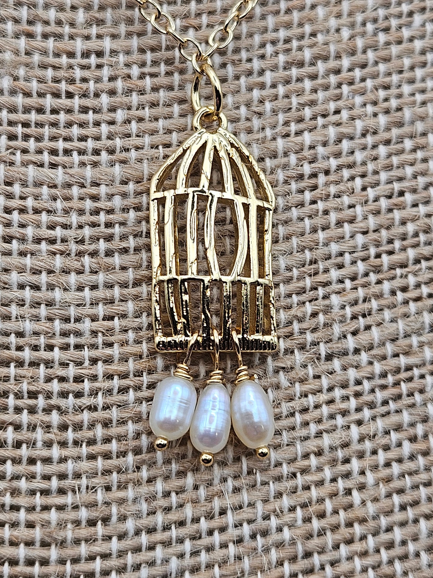 "Fly Free" Vintage Bird & Cage Freshwater Pearl 14k Gold Filled Cable Chain Necklace