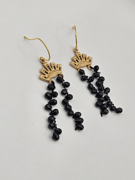 Vintage 1940's "Crowns" with Faceted Onyx Teardrops on Hand Knotted Silk Cord 12k GF Dangle Earrings