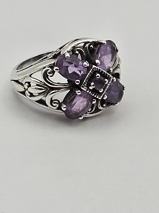 Antique 1920's Amethyst 5 Stone Sterling Silver Ring