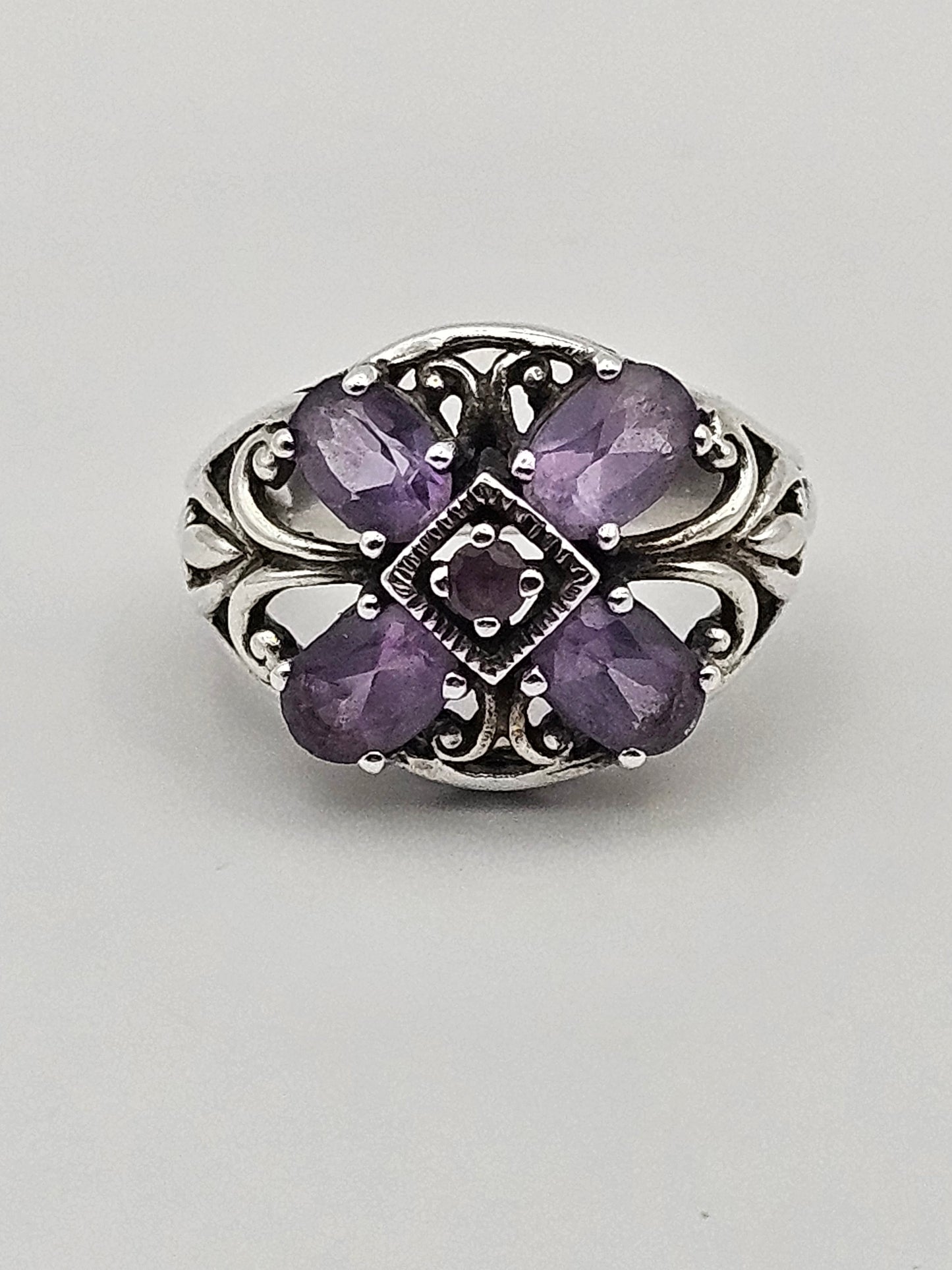Antique 1920's Amethyst 5 Stone Sterling Silver Ring
