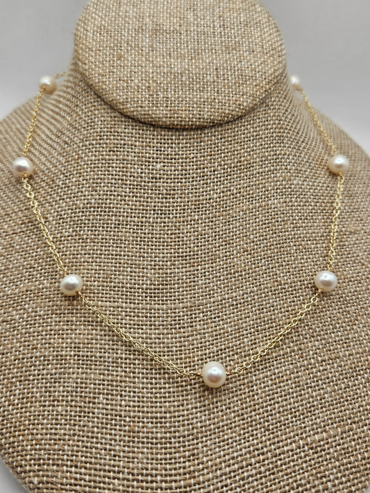 14k Gold Filled Freshwater Round White Pearl Station Necklace