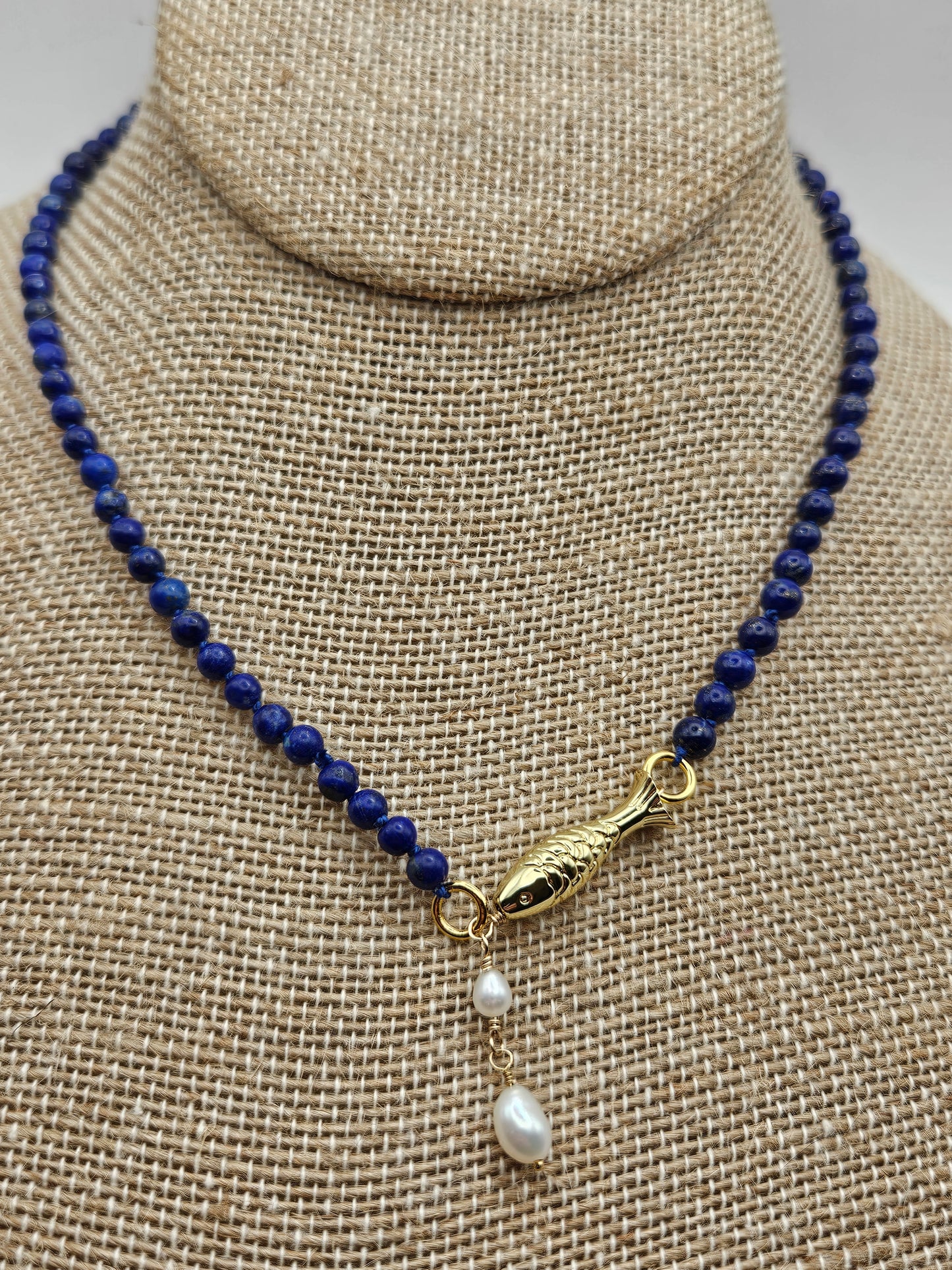 14kgf Lapis Lazuli Bead Hand Knotted Silk Cord Fish & Freshwater Pearl Drops Necklace