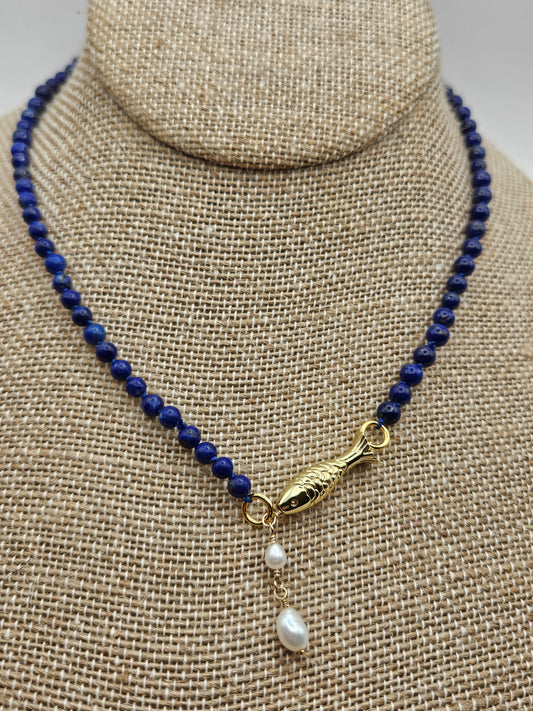 14kgf Lapis Lazuli Bead Hand Knotted Silk Cord Fish & Freshwater Pearl Drops Necklace