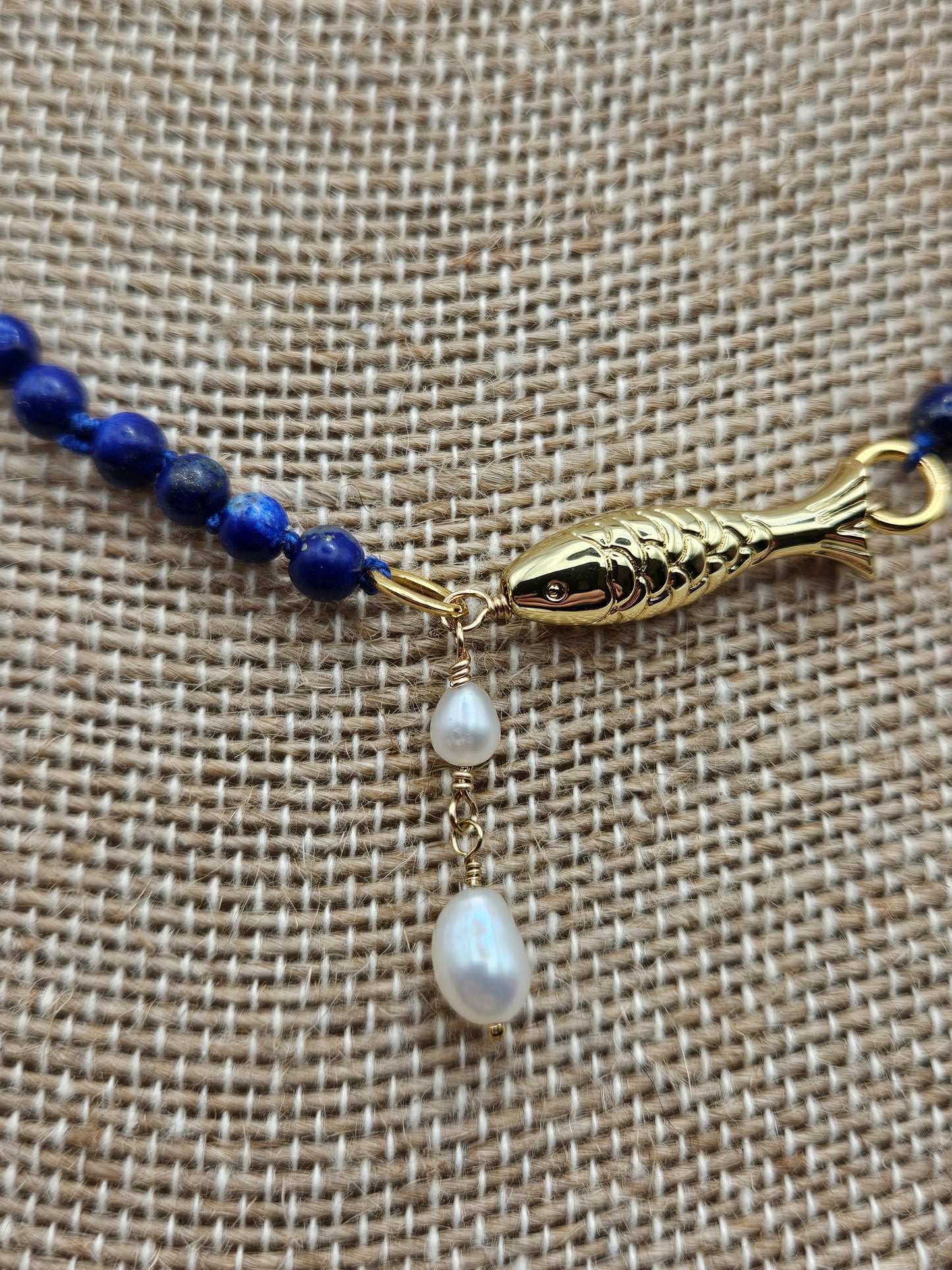 14kgf Lapis Lazuli Bead Hand Knotted Silk Cord Fish & Freshwater Pearl Drops Necklace