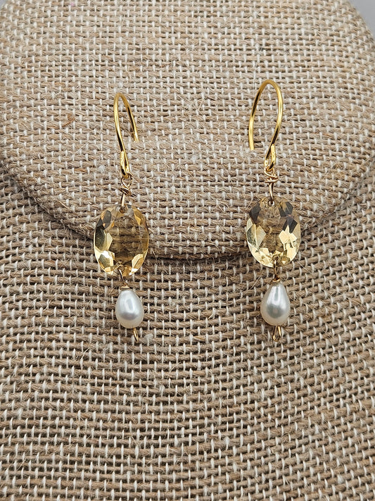 14k Gold Filled Face Cut Citrine/Topaz Freshwater Pearl Drop Earrings