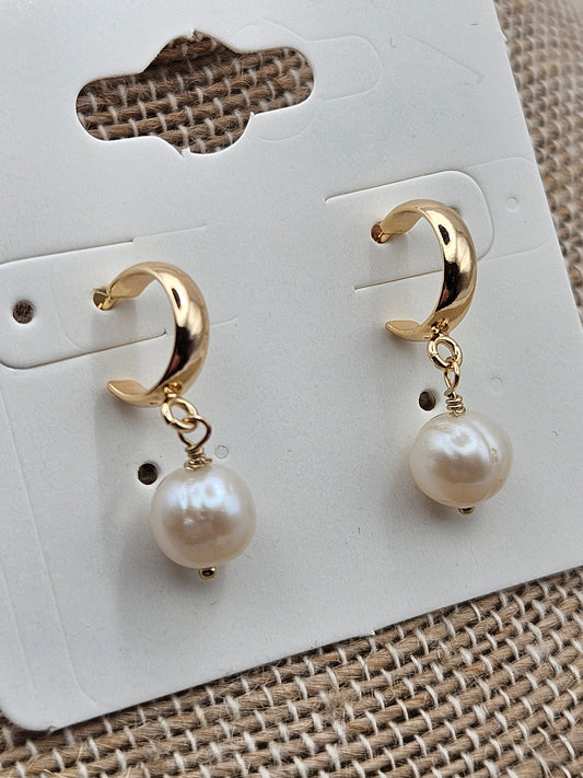 14k Gold Filled Small Hoop Stud Freshwater Pearl Drop Earrings