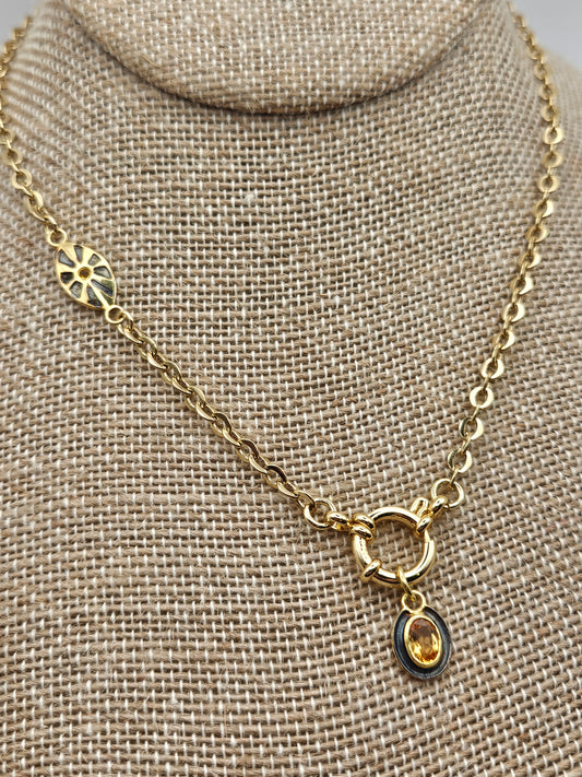 14k GF & Oxidized Silver Citrine Spring Clasp Charm Necklace