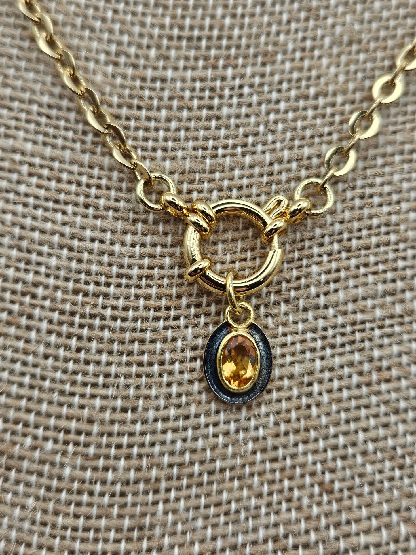 14k GF & Oxidized Silver Citrine Spring Clasp Charm Necklace