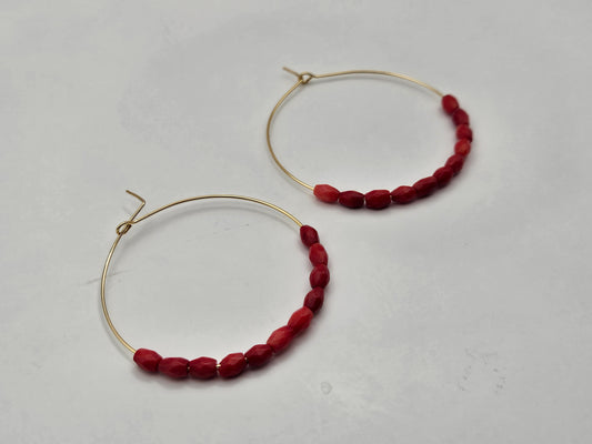 14k gf Faceted Red Italian Coral Large Hoop Earrings