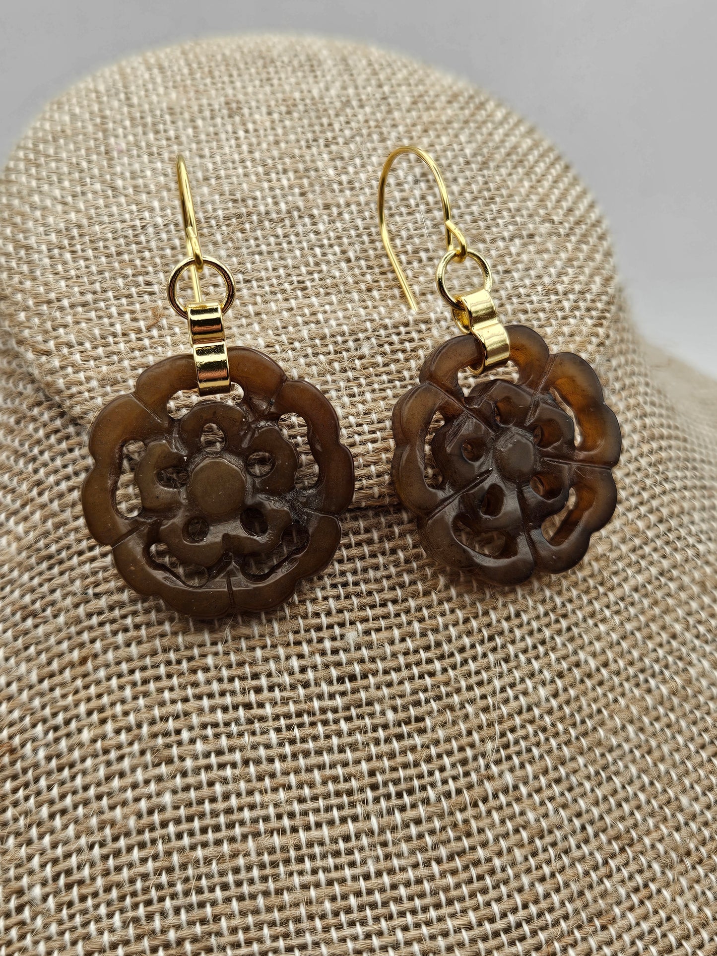 Vintage Hand Carved Brown Jade Flower 14k Gold Filled Earrings