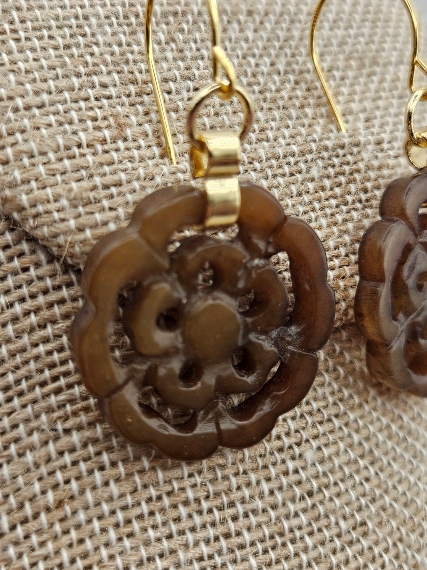 Vintage Hand Carved Brown Jade Flower 14k Gold Filled Earrings
