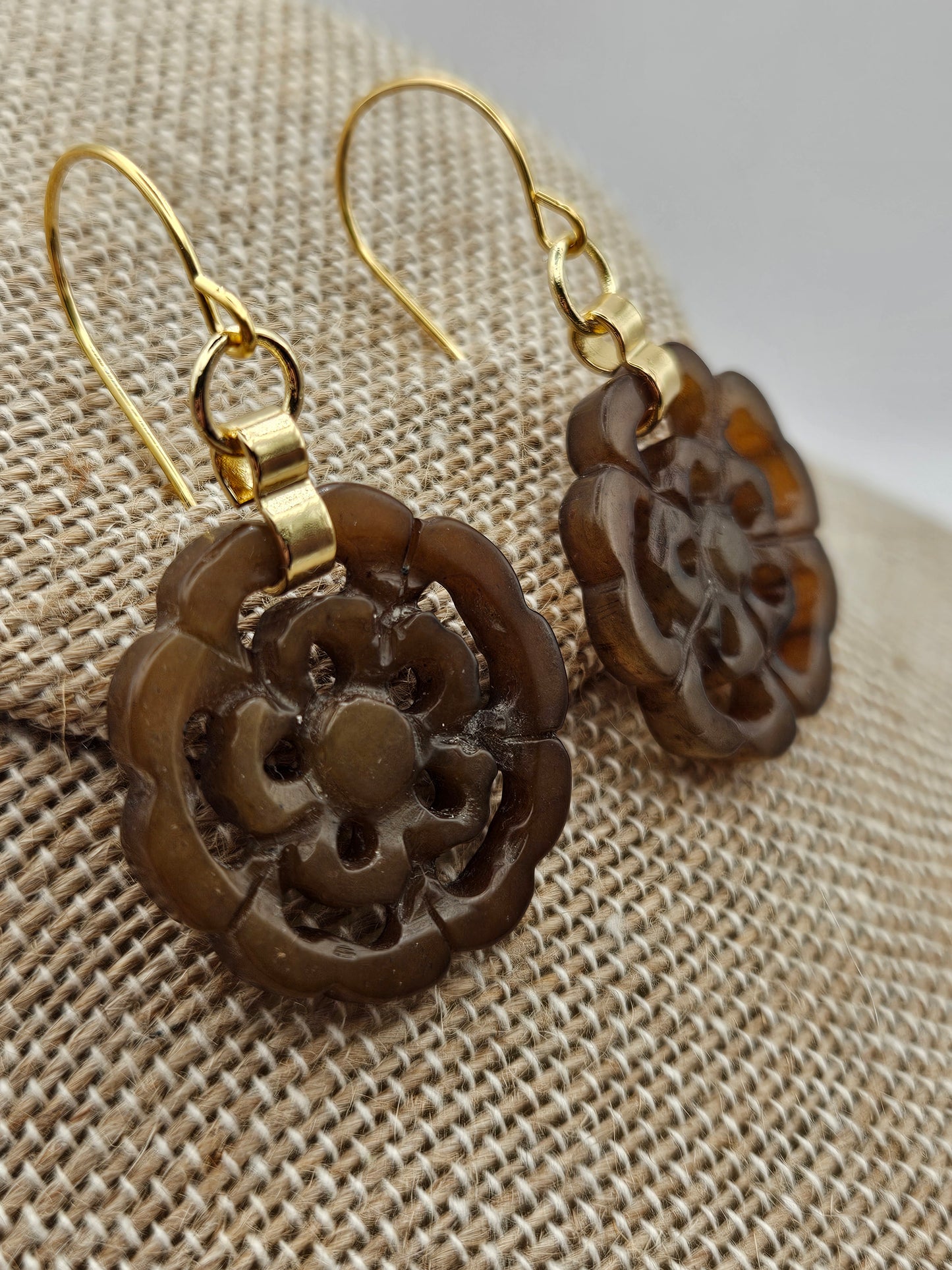 Vintage Hand Carved Brown Jade Flower 14k Gold Filled Earrings