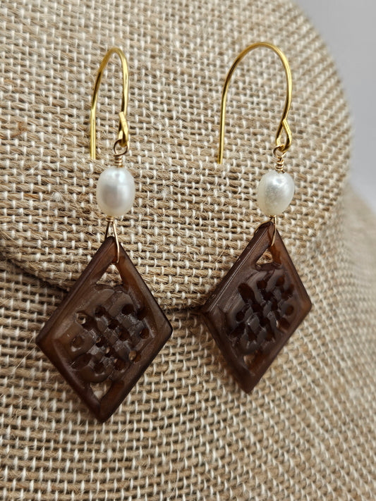 Vintage Hand Carved Brown Jade & Freshwater Pearl 14k Gold Filled Earrings