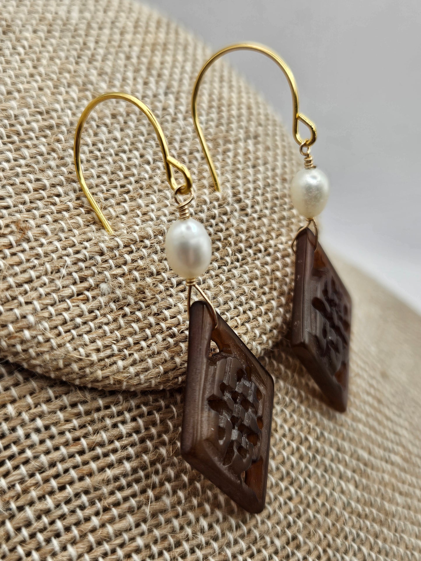 Vintage Hand Carved Brown Jade & Freshwater Pearl 14k Gold Filled Earrings