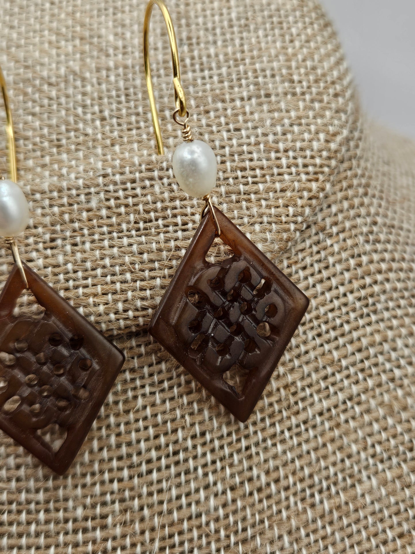Vintage Hand Carved Brown Jade & Freshwater Pearl 14k Gold Filled Earrings