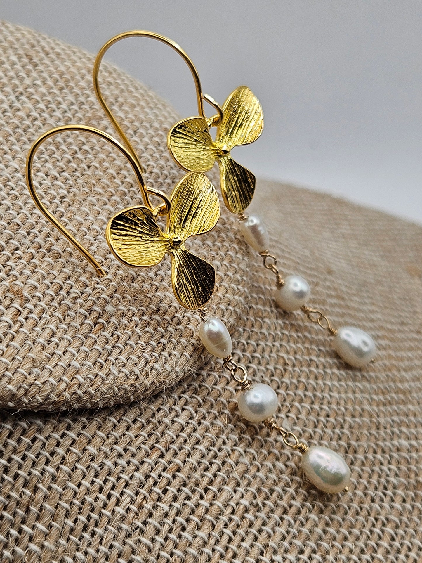 14k gf Long Statement Freshwater Pearl Orchid Drop Earrings