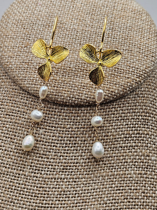 14k gf Long Statement Freshwater Pearl Orchid Drop Earrings