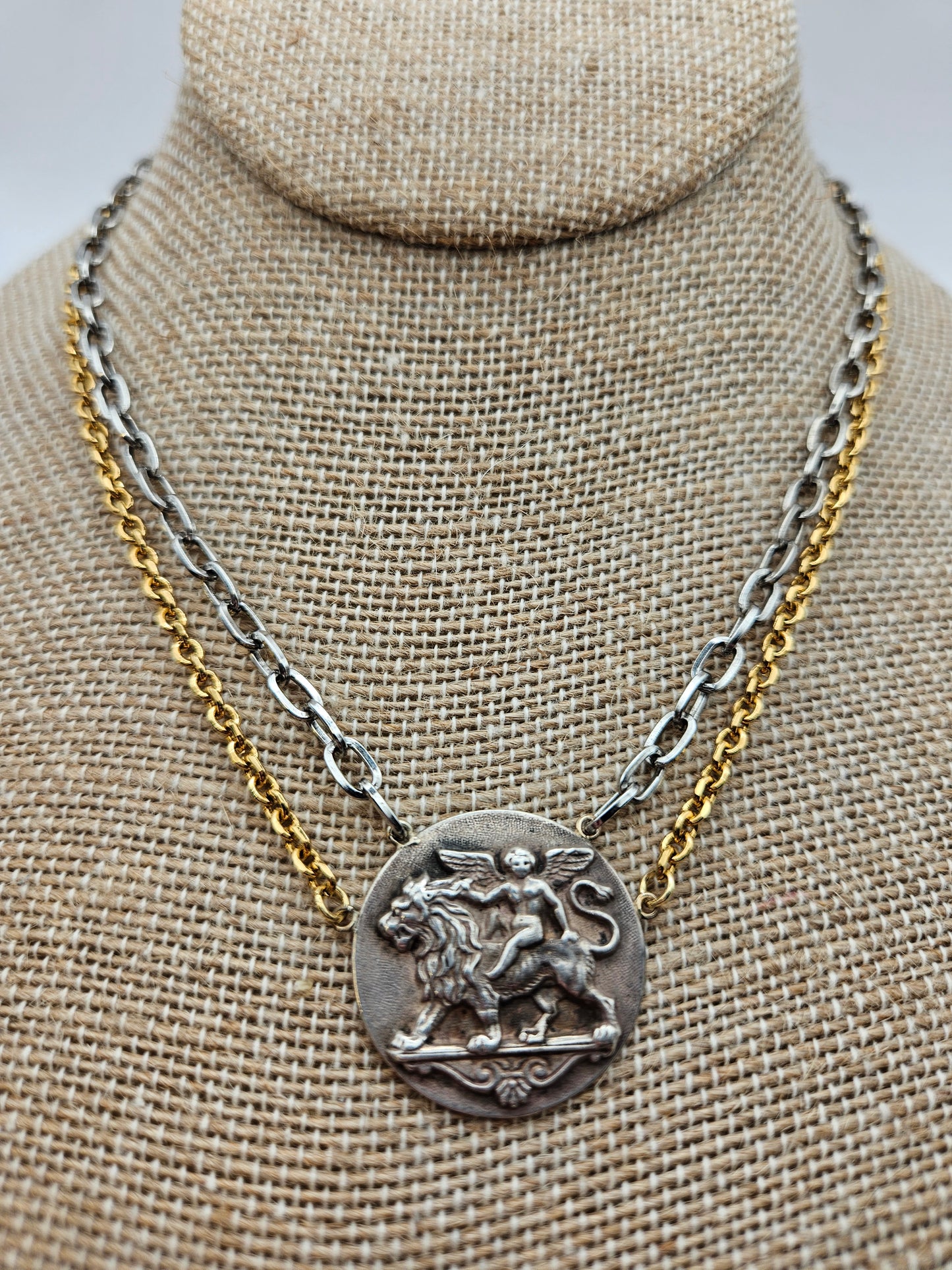 Antique Style French Sterling Medallion 14k GF Mixed Tone Double Chain Necklace