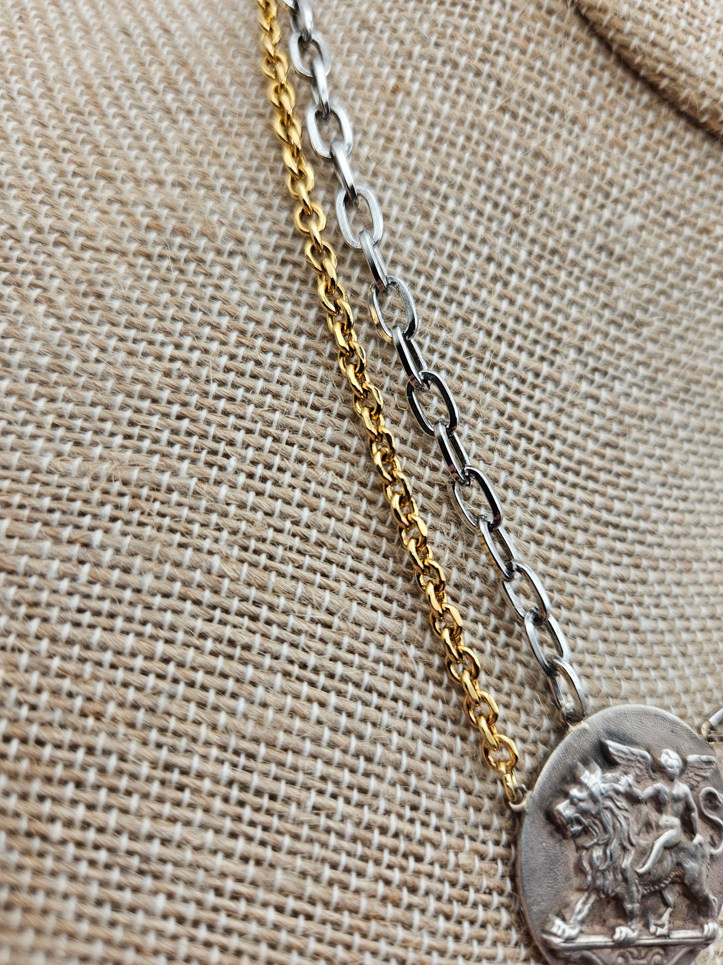 Antique Style French Sterling Medallion 14k GF Mixed Tone Double Chain Necklace