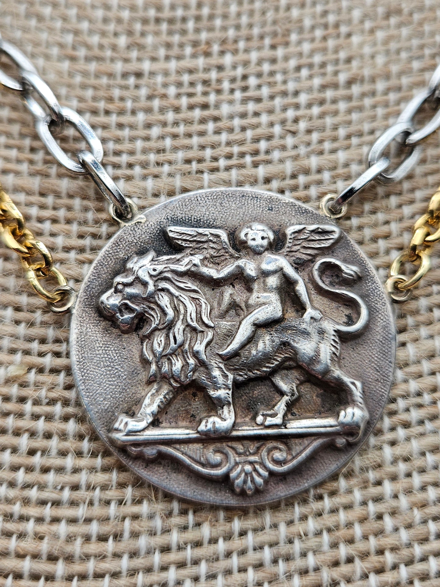Antique Style French Sterling Medallion 14k GF Mixed Tone Double Chain Necklace
