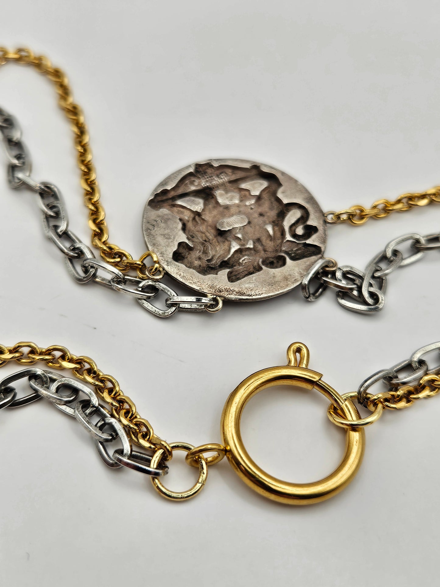 Antique Style French Sterling Medallion 14k GF Mixed Tone Double Chain Necklace