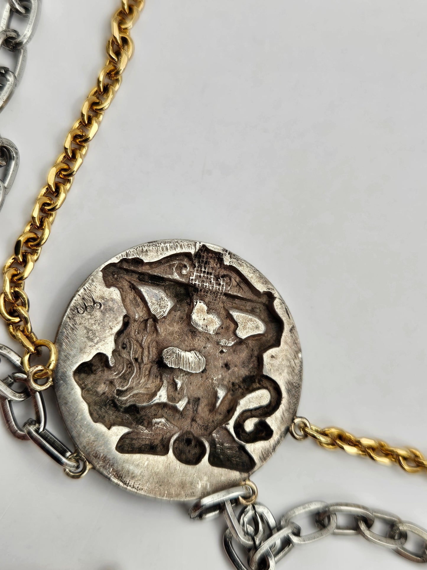 Antique Style French Sterling Medallion 14k GF Mixed Tone Double Chain Necklace