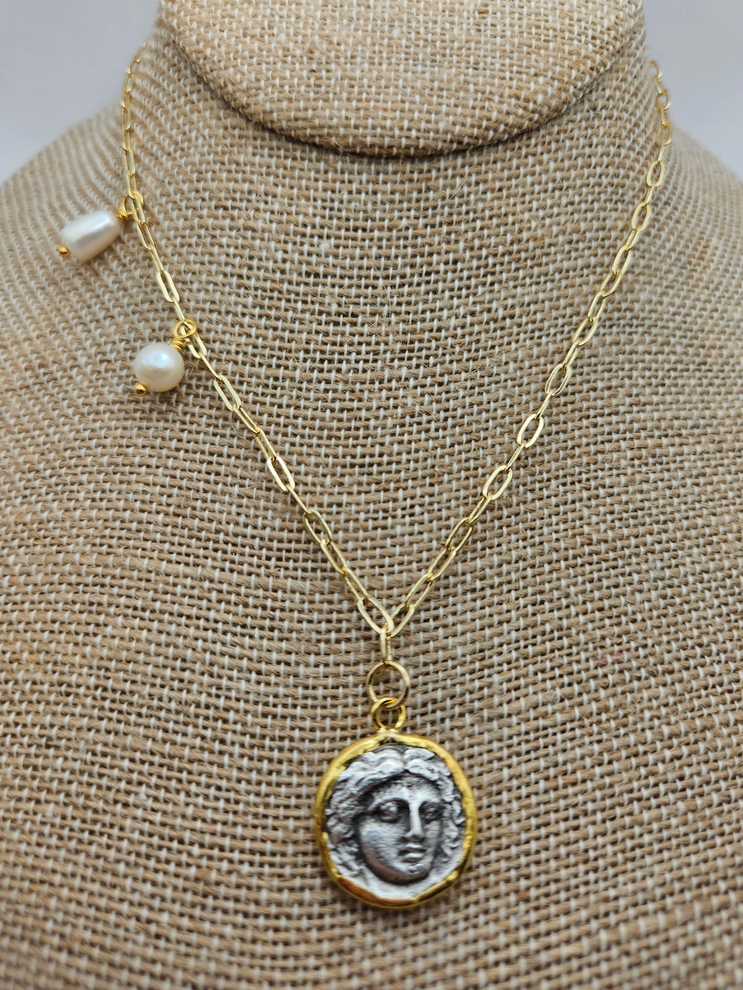 14k Gold Filled Medallion & Freshwater White Pearl Drop Chain Necklace