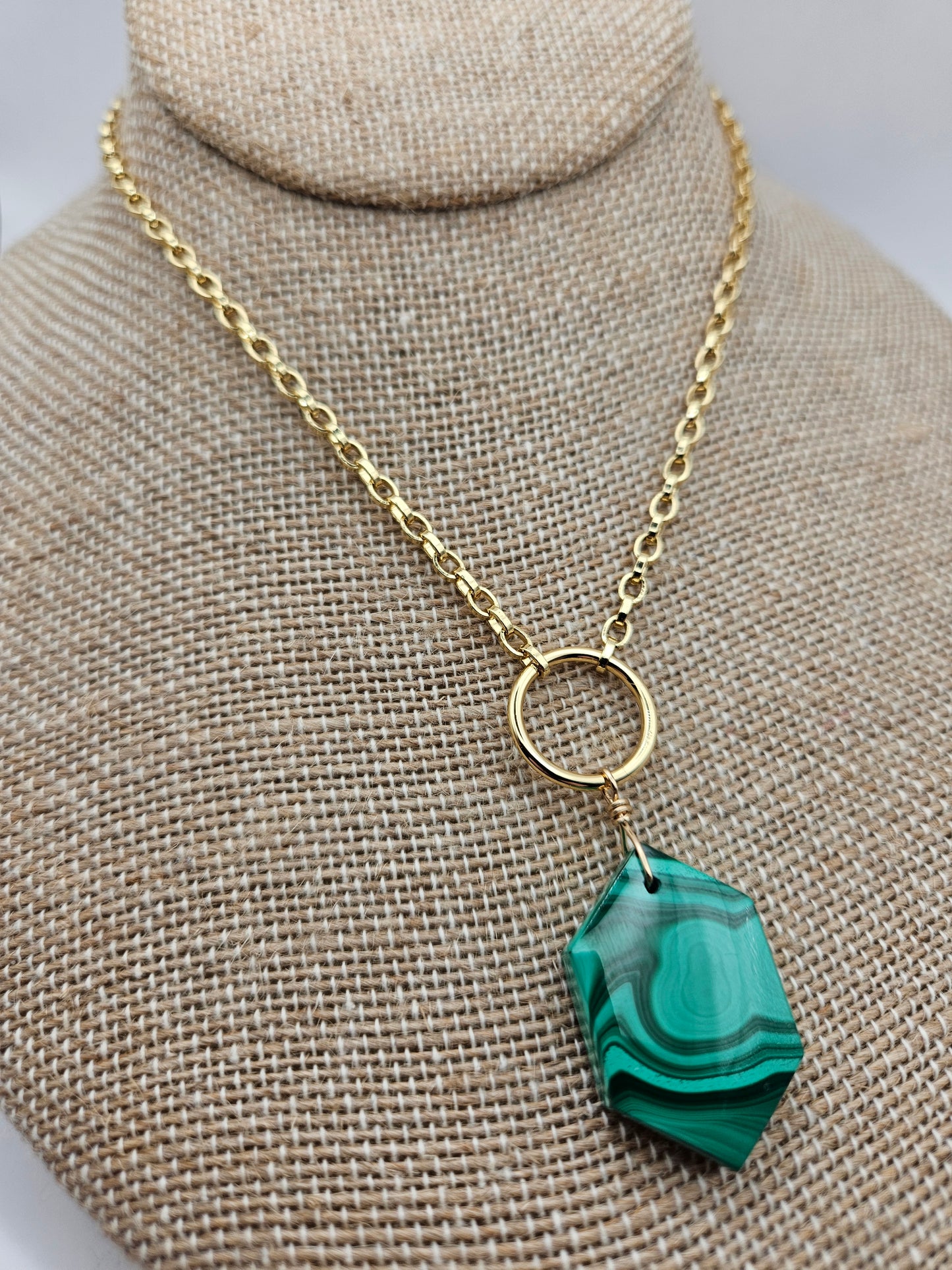 14k gf Malachite Pendant on Ring Chain Necklace