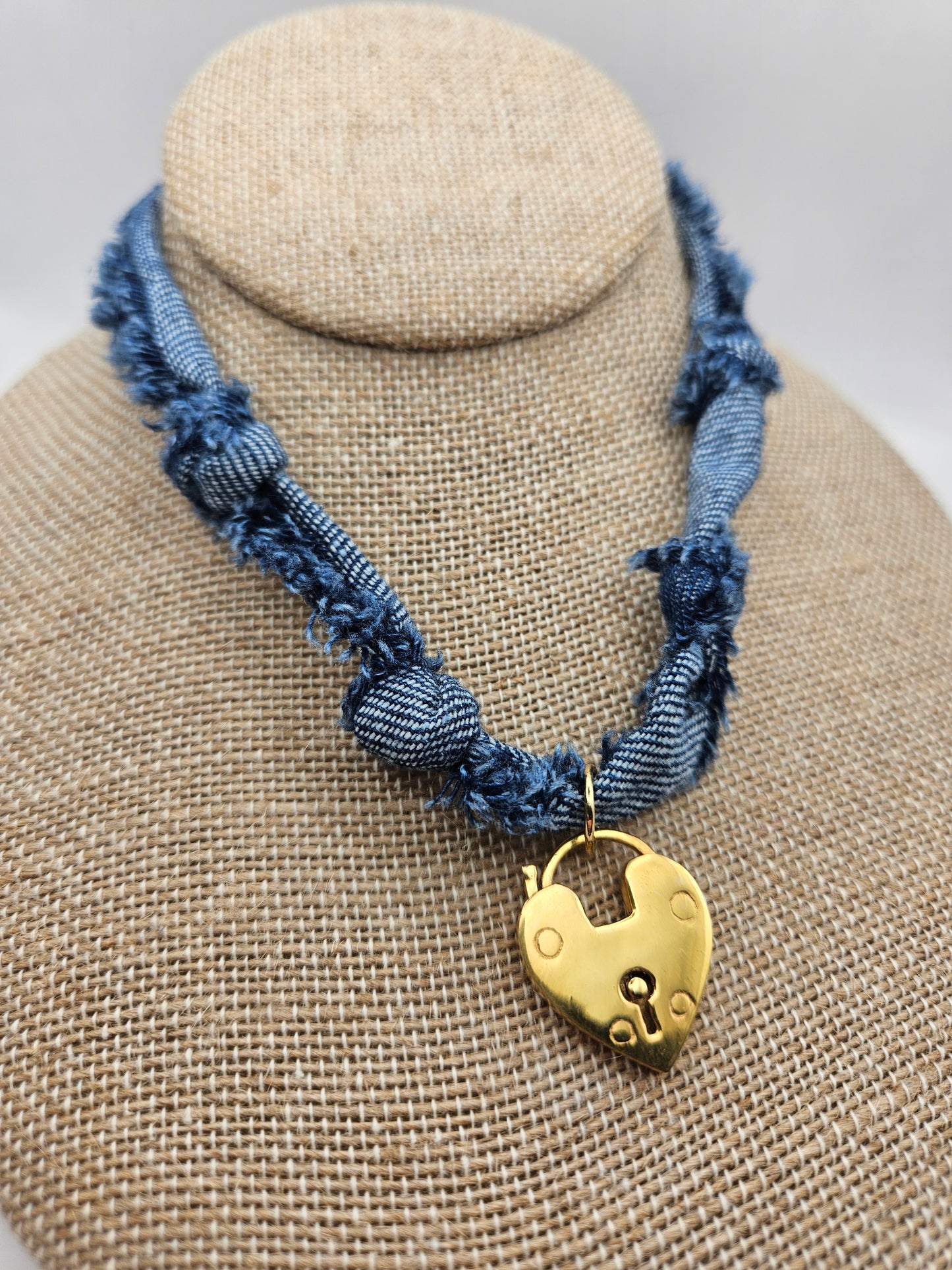 14k Gold Filled Heart Padlock Charm/Clasp Denim Knot Necklace Adjustable