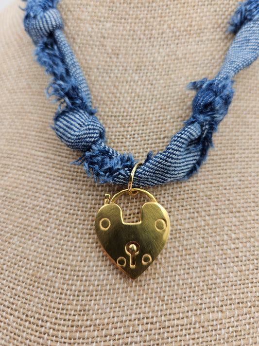 14k Gold Filled Heart Padlock Charm/Clasp Denim Knot Necklace Adjustable
