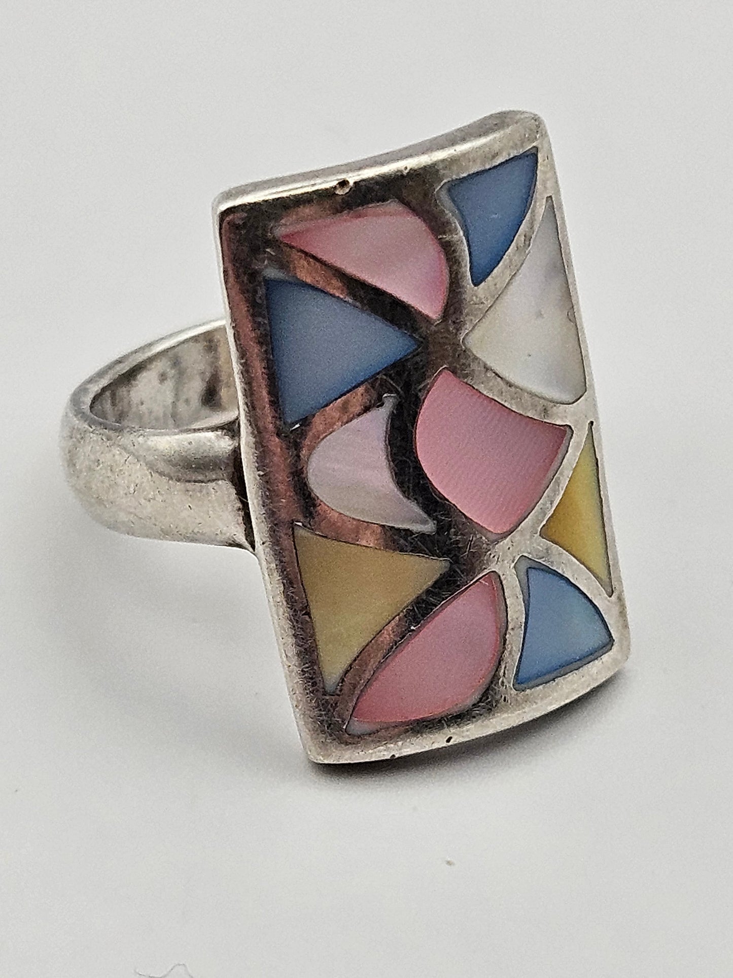 Antique Art Deco 20's MOP Mosaic Sterling Silver Ring