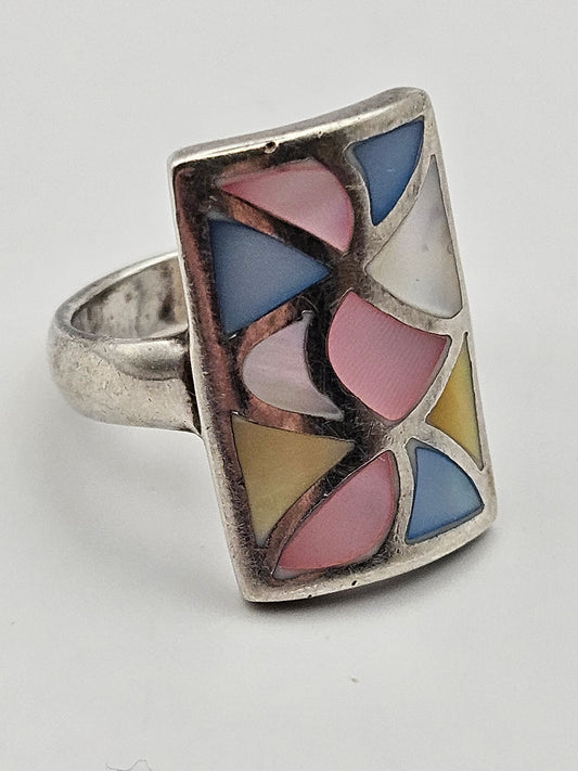 Antique Art Deco 20's MOP Mosaic Sterling Silver Ring