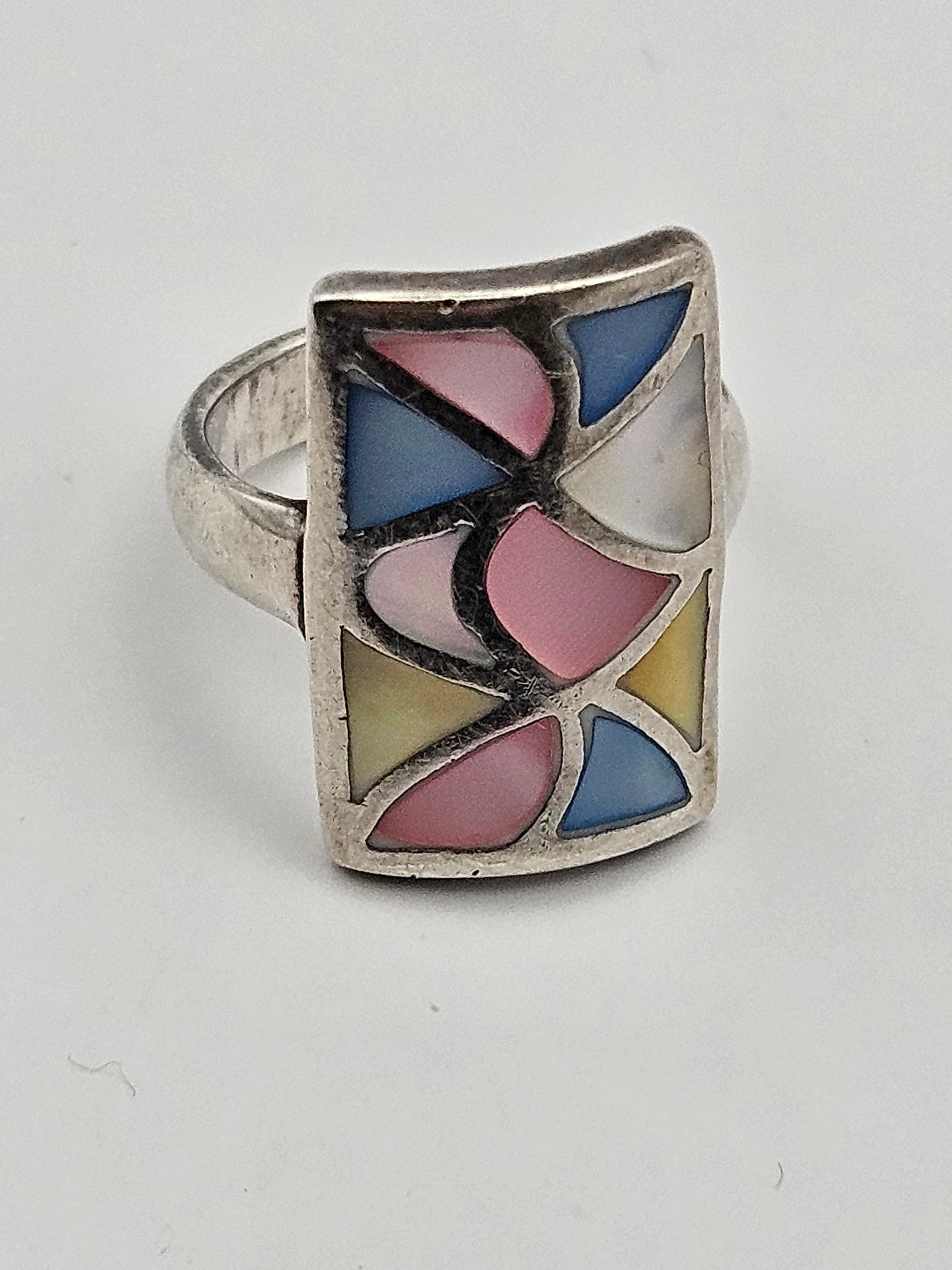 Antique Art Deco 20's MOP Mosaic Sterling Silver Ring