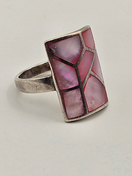 Antique Art Deco 20's Abalone Mosaic Sterling Silver Ring