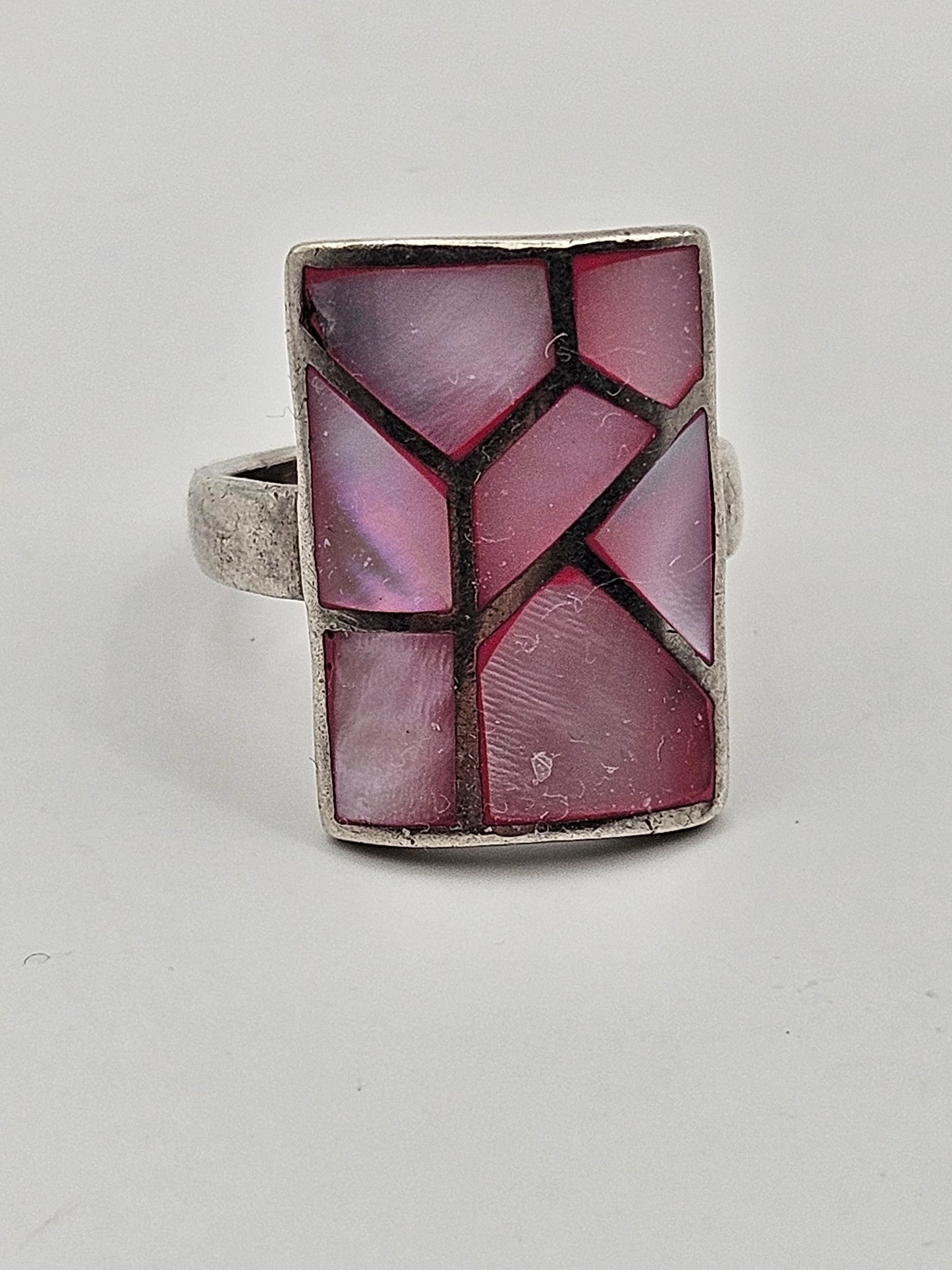 Antique Art Deco 20's Abalone Mosaic Sterling Silver Ring