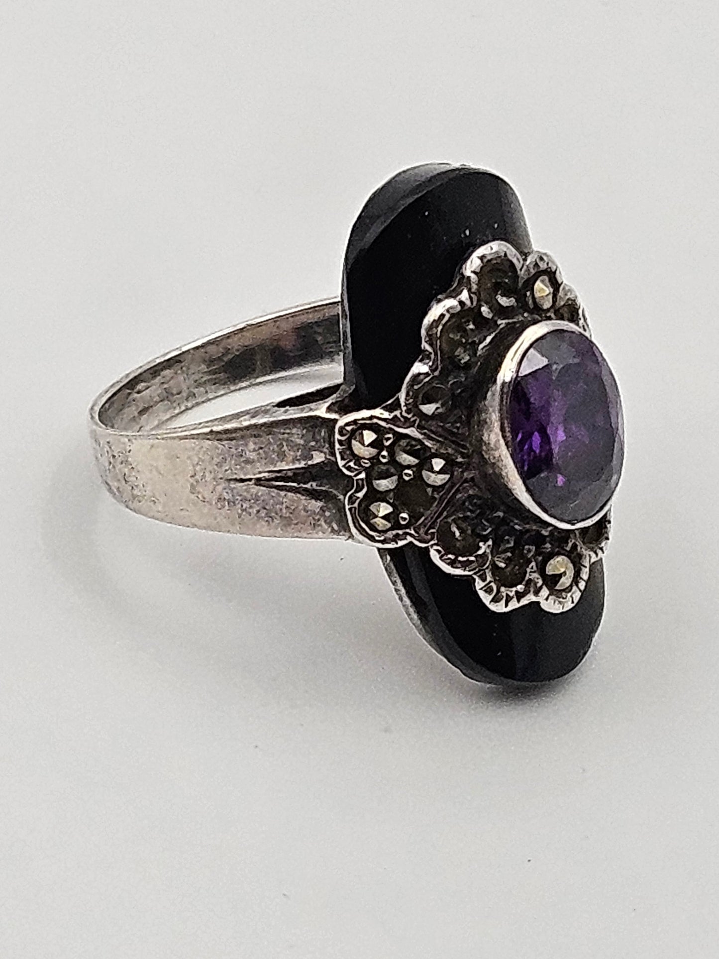 Antique Art Deco Amethyst Onyx Marcasite Sterling Silver Ring